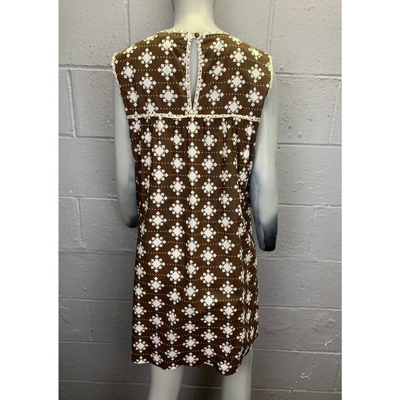 Vtg 70s Milly of New York Brown White Geometric Mini Dress Keyhole Back Bow SM - Picture 5 of 10